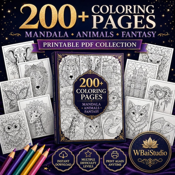 200+ Mandala Coloring Pages Bundle, Printable Adult Coloring Book, Fantasy Animal Designs, Relaxation Pages, Instant PDF Download