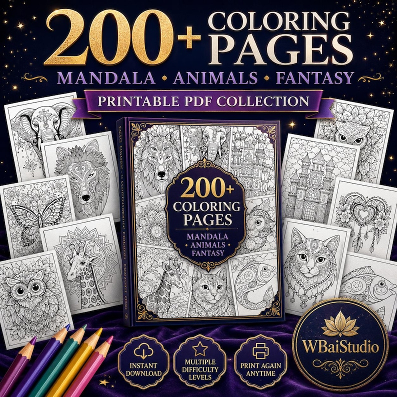 May include: A digital collection of 200+ coloring pages featuring mandalas, animals, and fantasy designs. The set includes printable PDF files with intricate black and white illustrations of owls, wolves, giraffes, and castles, plus colored pencils.