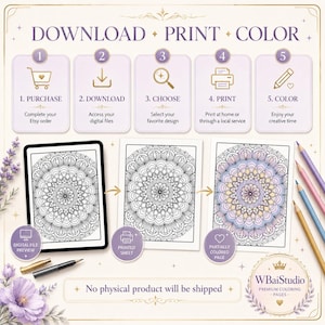 May include: A digital coloring page guide featuring five steps: purchase, download, choose, print, and color. It displays a tablet with a mandala design, a printed sheet, and a partially colored page with colored pencils and a pen.