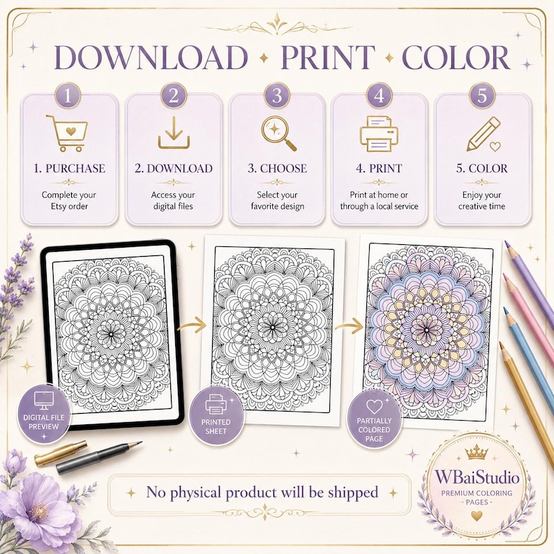 May include: A digital coloring page guide featuring five steps: purchase, download, choose, print, and color. It displays a tablet with a mandala design, a printed sheet, and a partially colored page with colored pencils and a pen.