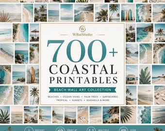 Pacchetto di oltre 700 stampe artistiche da parete a tema spiaggia / Set di stampe artistiche costiere da appendere al muro / Download digitale di decorazioni oceaniche / Galleria estiva nautica da parete / PDF a tema spiaggia