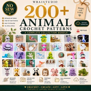 May include: A digital collection of 200+ animal crochet patterns by WBAISTUDIO. The graphic features text, icons, and a grid of various crocheted animal figures including an elephant, panda, giraffe, octopus, and dragon, all in colourful yarn.
