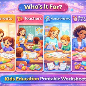 K&ouml;nnte beinhalten: Farbenfrohe Illustration, die druckbare Arbeitsbl&auml;tter f&uuml;r Kinder bewirbt. Das Bild ist in vier Abschnitte unterteilt: Eltern, Lehrer, Homeschooler und vielbesch&auml;ftigte Betreuer. Jeder Abschnitt zeigt Erwachsene und Kinder, die zusammenarbeiten. Der Text "Who's It For?" und "Kids Education Printable Worksheets" sind ebenfalls sichtbar.