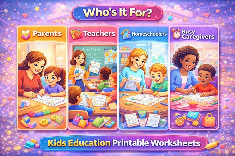 K&ouml;nnte beinhalten: Farbenfrohe Illustration, die druckbare Arbeitsbl&auml;tter f&uuml;r Kinder bewirbt. Das Bild ist in vier Abschnitte unterteilt: Eltern, Lehrer, Homeschooler und vielbesch&auml;ftigte Betreuer. Jeder Abschnitt zeigt Erwachsene und Kinder, die zusammenarbeiten. Der Text "Who's It For?" und "Kids Education Printable Worksheets" sind ebenfalls sichtbar.