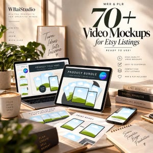 May include: A digital product bundle featuring 70+ video mockups for Etsy listings displayed on a laptop, tablet, and smartphone. The scene includes printed templates, a mug with text, and stacked books labeled Etsy Success and Digital Products.