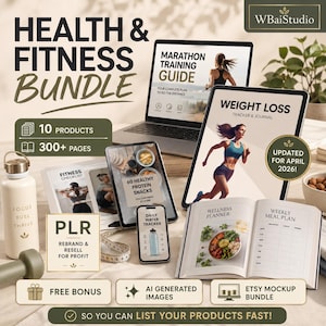 May include: A digital health and fitness bundle featuring a laptop, tablet, and smartphone displaying workout guides, meal planners, and trackers. Includes a water bottle, a dumbbell, and text labels such as Health & Fitness Bundle, PLR, and 300+ Pages.