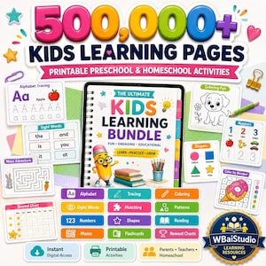 Może przedstawiać: Cyfrowy pakiet ponad 500 000 stron edukacyjnych dla dzieci z materiałami do druku do przedszkola i nauki w domu. Zestaw zawiera ćwiczenia z alfabetu, słówka, labirynty, tabele nagród, kolorowanki, liczby oraz kształty prezentowane na ekranie tabletu.