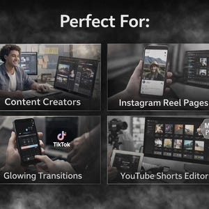 May include: Image showcasing digital content creation tools. The text "Perfect For:" is at the top. Below, four panels highlight uses: Content Creators, Instagram Reel Pages, Glowing Transitions, and YouTube Shorts Editors. The TikTok logo is visible.