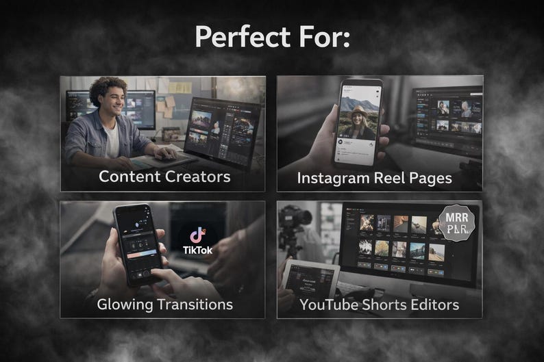 May include: Image showcasing digital content creation tools. The text "Perfect For:" is at the top. Below, four panels highlight uses: Content Creators, Instagram Reel Pages, Glowing Transitions, and YouTube Shorts Editors. The TikTok logo is visible.