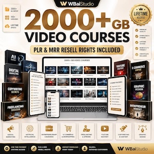 May include: A digital product bundle titled 2000+ GB Video Courses by WBaiStudio, featuring a laptop, smartphone, and tablet displaying course libraries. The graphic includes text about PLR and MRR resell rights, lifetime access, and various business categories like digital marketing, AI, and graphic design.