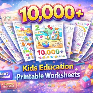 10 000+ utskrivbara arbetsblad för barn | Alfabet, matematik, konst, logikspel | PDF + Canva | Direktnedladdning