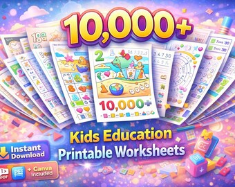 Könnte beinhalten: Farbenfrohes Bild von Arbeitsblättern für Kinder mit dem Text "10.000+" und "Kids Education Printable Worksheets". Das Bild zeigt verschiedene Mathe- und Zeichenübungen, mit einer "Instant Download"-Schaltfläche und einem Label "PDF + Canva Included".