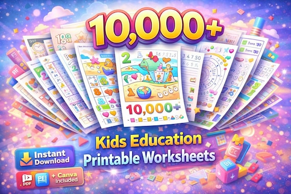 10,000+ Kids Worksheets Education Printables Bundle | Alphabet, Math, Art, Logic Games | PDF + Canva | Instant Download