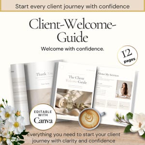 Può includere: Un modello di guida di benvenuto per clienti di 12 pagine con una tavolozza di colori neutri, modificabile con Canva. Il documento include sezioni intitolate Thank You, The Client Welcome Guide e About My Services, con layout di testo.