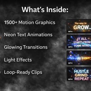 May include: Image showcasing digital assets, including 1500+ motion graphics, neon text animations, glowing transitions, light effects, and loop-ready clips. The text "The way to GROW...", "IT ALL STARTS FROM YOUR MIND", and "HUSTLE GRIND REPEAT" are displayed on screen.