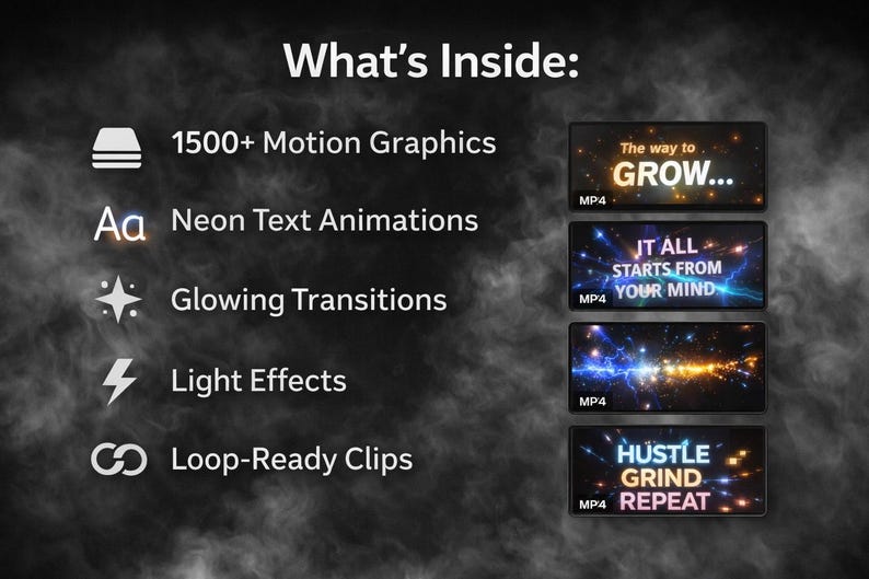 May include: Image showcasing digital assets, including 1500+ motion graphics, neon text animations, glowing transitions, light effects, and loop-ready clips. The text "The way to GROW...", "IT ALL STARTS FROM YOUR MIND", and "HUSTLE GRIND REPEAT" are displayed on screen.