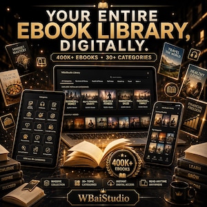 May include: A digital ebook library display featuring a laptop, tablet, and smartphone showing the WBaiStudio interface. The text reads: YOUR ENTIRE EBOOK LIBRARY, DIGITALLY. 400K+ EBOOKS, 30+ CATEGORIES. Includes book covers, a physical open book, and a coffee cup.