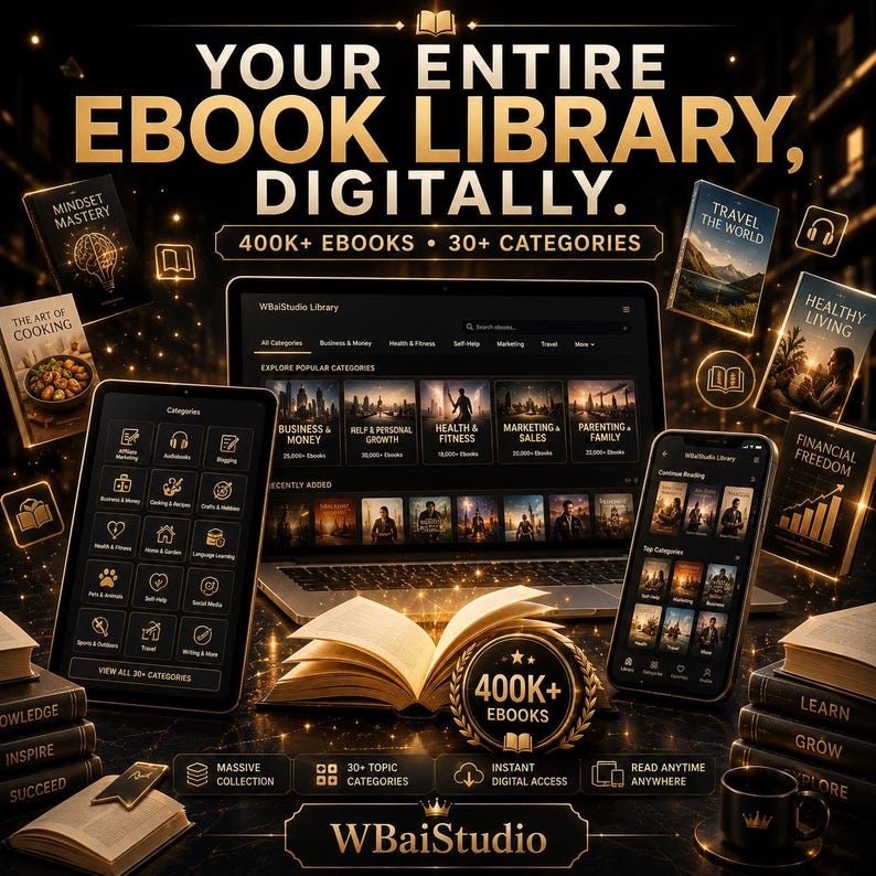 May include: A digital ebook library display featuring a laptop, tablet, and smartphone showing the WBaiStudio interface. The text reads: YOUR ENTIRE EBOOK LIBRARY, DIGITALLY. 400K+ EBOOKS, 30+ CATEGORIES. Includes book covers, a physical open book, and a coffee cup.