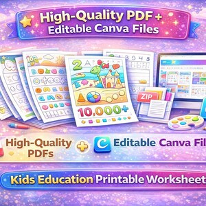 K&ouml;nnte beinhalten: Bild von druckbaren Arbeitsbl&auml;ttern f&uuml;r Kinder. Das Bild zeigt einen Stapel bunter Arbeitsbl&auml;tter, einen Computermonitor und den Text "High-Quality PDF + Editable Canva Files" und "Kids Education Printable Worksheets".