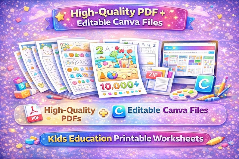 K&ouml;nnte beinhalten: Bild von druckbaren Arbeitsbl&auml;ttern f&uuml;r Kinder. Das Bild zeigt einen Stapel bunter Arbeitsbl&auml;tter, einen Computermonitor und den Text "High-Quality PDF + Editable Canva Files" und "Kids Education Printable Worksheets".