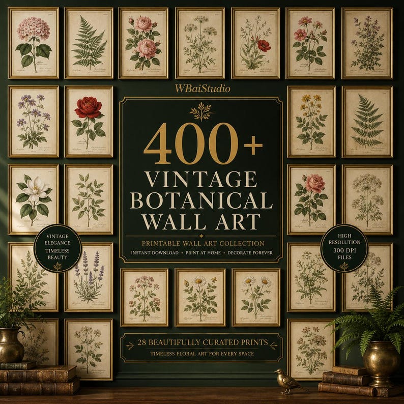 Peut inclure: Une collection de 400+ impressions d'art botanique vintage repr&eacute;sentant diverses fleurs et foug&egrave;res dans des cadres dor&eacute;s. Le graphique central vert fonc&eacute; affiche le texte 400+ VINTAGE BOTANICAL WALL ART, PRINTABLE WALL ART COLLECTION et 28 BEAUTIFULLY CURATED PRINTS.