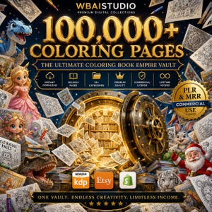 Op de afbeelding: Een digitale advertentie met de titel WBAISTUDIO 100.000+ COLORING PAGES THE ULTIMATE COLORING BOOK EMPIRE VAULT. De afbeelding toont een grote gouden kluisdeur, stripfiguren en logo's voor Amazon KDP, Etsy en Shopify.