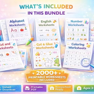 K&ouml;nnte beinhalten: Ein B&uuml;ndel ausdruckbarer Arbeitsbl&auml;tter f&uuml;r Kinder, darunter Alphabet-, Zahlen- und Ausmalaktivit&auml;ten. Das Bild zeigt farbenfrohe Seiten mit Illustrationen und Text, mit den Worten "What's Included" und "2000+ Printable Worksheets Included".