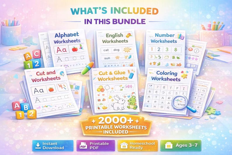 K&ouml;nnte beinhalten: Ein B&uuml;ndel ausdruckbarer Arbeitsbl&auml;tter f&uuml;r Kinder, darunter Alphabet-, Zahlen- und Ausmalaktivit&auml;ten. Das Bild zeigt farbenfrohe Seiten mit Illustrationen und Text, mit den Worten "What's Included" und "2000+ Printable Worksheets Included".