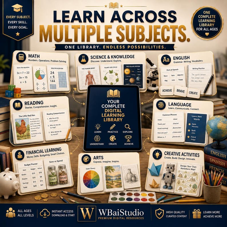K&ouml;nnte beinhalten: Ein digitales Lernbibliotheks-Display mit einem zentralen Tablet, umgeben von Lernkarten f&uuml;r Mathematik, Naturwissenschaften, Englisch, Lesen, Sprachen, Finanzen, Kunst und kreative Aktivit&auml;ten mit dem Text Learn Across Multiple Subjects.