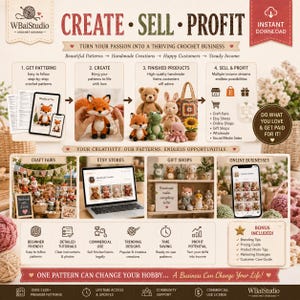 May include: An infographic titled CREATE SELL PROFIT by WBaiStudio Crochet Designs. It outlines a four-step process for a crochet business, featuring images of crocheted animals, a laptop, and icons for craft fairs and online shops.