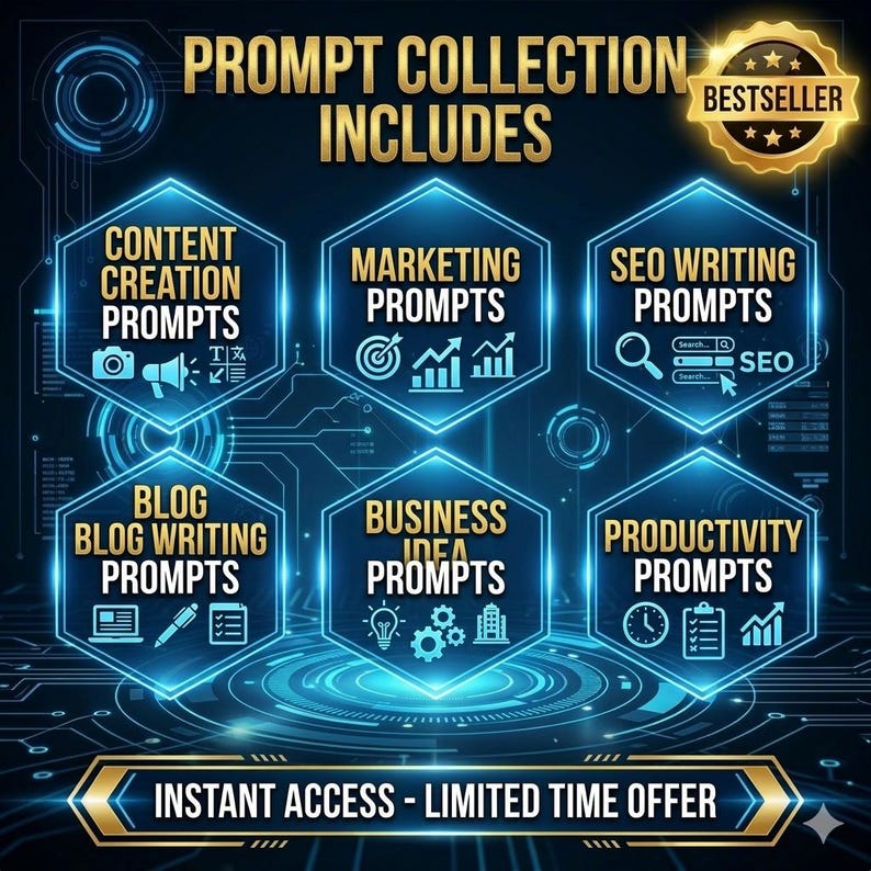 May include: A digital graphic promoting a "Prompt Collection" with the text "Includes" and "Bestseller." Hexagonal icons highlight content creation, marketing, SEO writing, blog writing, business idea, and productivity prompts. The bottom banner reads "Instant Access - Limited Time Offer."