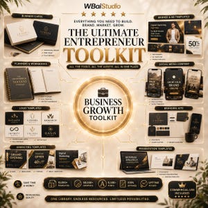 May include: A digital marketing and business growth toolkit featuring templates for business cards, planners, logos, social media, marketing, and presentations. The gold and black graphic includes text such as The Ultimate Entrepreneur Toolkit.