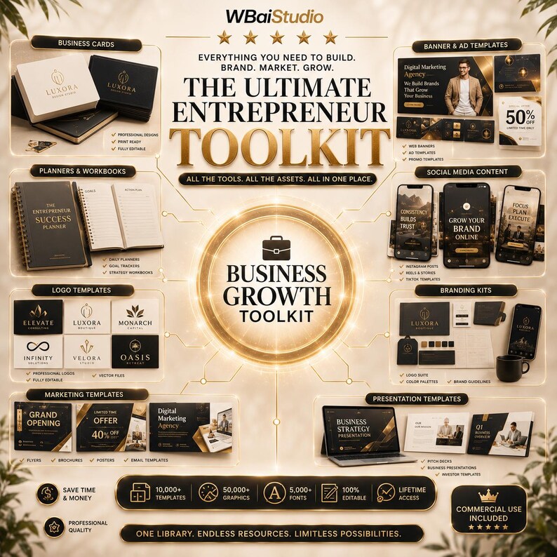 May include: A digital marketing and business growth toolkit featuring templates for business cards, planners, logos, social media, marketing, and presentations. The gold and black graphic includes text such as The Ultimate Entrepreneur Toolkit.