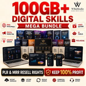 May include: A digital product bundle titled 100GB+ Digital Skills Mega Bundle by WBaiStudio. It features various e-books, software, and courses on web development, graphic design, and marketing, displayed on laptops, tablets, and smartphones.