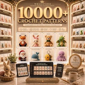 Op de afbeelding: Een digitale weergave voor een haakpatronenbibliotheek getiteld 10000+ Crochet Patterns van WBAISTUDIO. De afbeelding toont een raster van acht gehaakte knuffels, waaronder een vos, konijn, beer, draak, kerstman, walvis, bij en octopus, met digitale apparaten die de bibliotheek tonen.