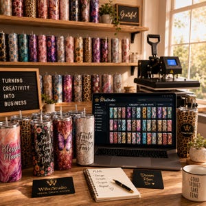 Op de afbeelding: Een werkruimte met talloze cilindrische bekers met diverse patronen, een laptop met een digitale catalogus van bekerontwerpen, een hittepers, een notitieboek met de tekst Plan, Design, Create, Inspire, Repeat en een mok met de tekst Good Things Take Time.