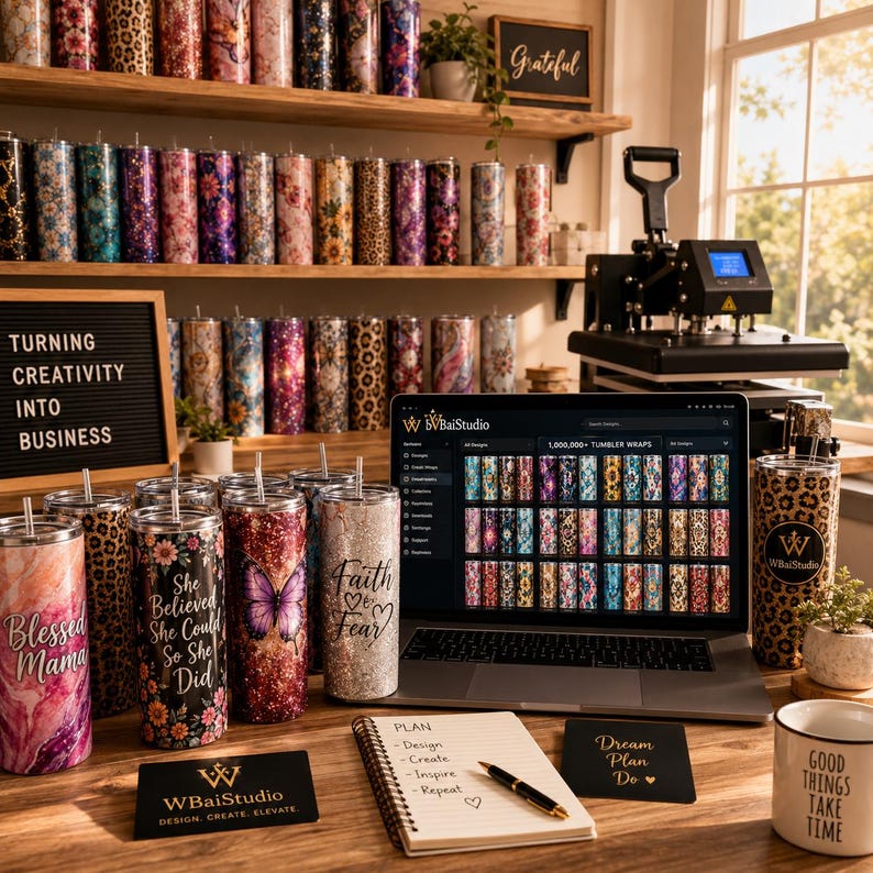 Op de afbeelding: Een werkruimte met talloze cilindrische bekers met diverse patronen, een laptop met een digitale catalogus van bekerontwerpen, een hittepers, een notitieboek met de tekst Plan, Design, Create, Inspire, Repeat en een mok met de tekst Good Things Take Time.
