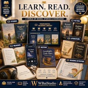 K&ouml;nnte beinhalten: Eine digitale Lese-Bibliothek mit einem Tablet und Smartphone, die Buch-Schnittstellen zeigen, umgeben von physischen B&uuml;chern mit den Titeln The Brave Little Explorer, Magical Tales, Beyond the Horizon, Shadows of Time, Poems that Inspire und Timeless Classics.