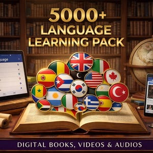 May include: An open book with a collection of flag-themed badges, a tablet displaying language options, and a smartphone. The image promotes a 5000+ language learning pack with digital books, videos, and audios.