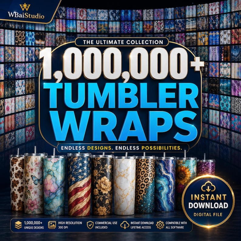 Op de afbeelding: Een digitale collectie van 1.000.000+ tumbler wraps met diverse patronen zoals bloemen, marmer, luipaardprint en vlagontwerpen. De afbeelding toont meerdere cilindrische bekers met verschillende grafische prints en tekst.