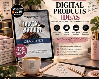 100+ Digital Product Ideas Guide, Digital Products to Sell, Etsy Digital Product Ideas, MRR PLR Bundle, Canva Mockups