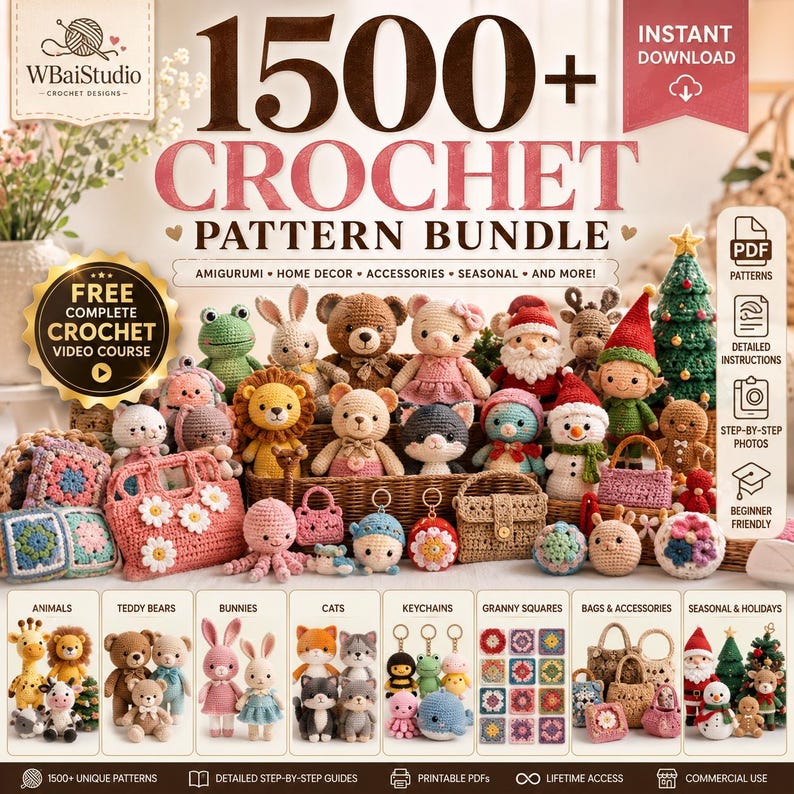 1500+ Crochet Patterns Bundle PDF | Amigurumi, Granny Square, Bags, Bears, Cats, Bunnies, Christmas + Bonus Crochet Video Course image 1