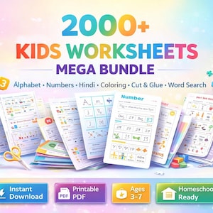 Könnte beinhalten: Ein farbenfrohes Bild, das ein "2000+ KIDS WORKSHEETS MEGA BUNDLE" für Kinder im Alter von 3-7 Jahren bewirbt. Das Bild zeigt Arbeitsblätter für Alphabet, Zahlen und mehr, mit "Sofort-Download" und "Homeschool Ready".
