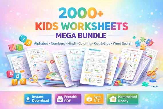 2000+ Kids Worksheets Pack | Alphabet, Hindi, Numbers, Coloring, Cut & Glue, Word Search | Preschool Kindergarten Printable PDF.