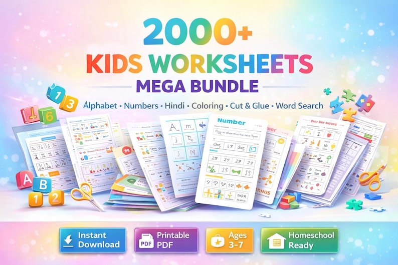 K&ouml;nnte beinhalten: Ein farbenfrohes Bild, das ein "2000+ KIDS WORKSHEETS MEGA BUNDLE" f&uuml;r Kinder im Alter von 3-7 Jahren bewirbt. Das Bild zeigt Arbeitsbl&auml;tter f&uuml;r Alphabet, Zahlen und mehr, mit "Sofort-Download" und "Homeschool Ready".