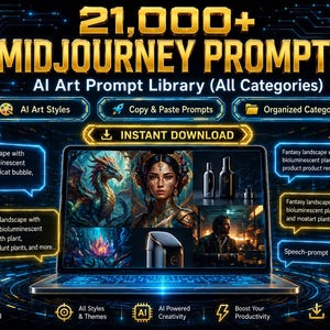 Op de afbeelding: Een digitale afbeelding die een AI-kunstpromptbibliotheek promoot met de tekst "21.000+ Midjourney Prompts". De afbeelding toont een laptop met AI-gegenereerde kunst, met pictogrammen voor AI Art Styles, Copy & Paste Prompts en Organized Categories.