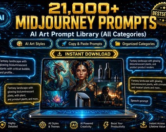 Libreria di prompt artistici AI per la generazione di immagini / 21.000 prompt creativi per arte digitale, concept art, progettazione di personaggi / Download immediato