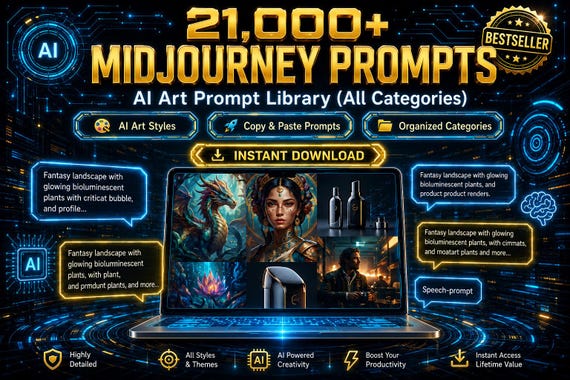 AI Art Prompt Library for Image Generation | 21,000 Creative Prompts for Digital Art, Concept Art, Character Designing| Instant Download