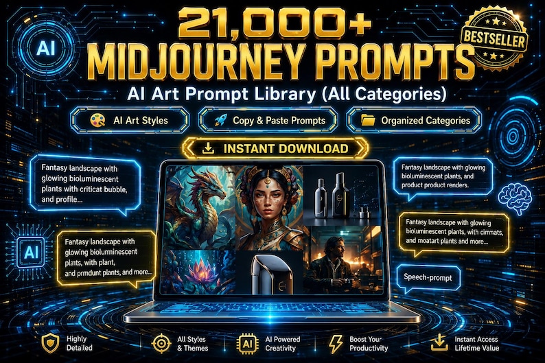 Op de afbeelding: Een digitale afbeelding die een AI-kunstpromptbibliotheek promoot met de tekst "21.000+ Midjourney Prompts". De afbeelding toont een laptop met AI-gegenereerde kunst, met pictogrammen voor AI Art Styles, Copy & Paste Prompts en Organized Categories.
