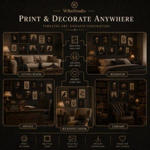 Może przedstawiać: Cyfrowa prezentacja produktu WBaiStudio z tekstem PRINT & DECORATE ANYWHERE. Obraz przedstawia pięć scen wnętrz, w tym salon, sypialnię, biuro, kącik do czytania i bibliotekę, udekorowane ciemnymi grafikami ściennymi.